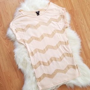 H&M Peach Tunic Top w Gold Sequins Chevron Stripes